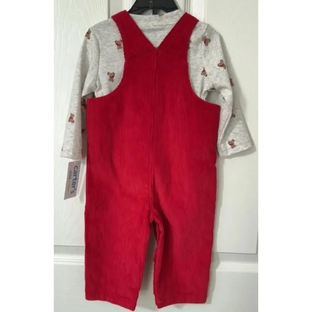 NEW Boys Sz 12 Months Red Corduroy Overalls & Teddy Bear Theme Shirt 2 Pc Outfit